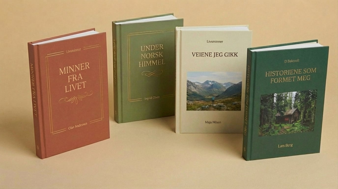 Fire eksempler på Mimre-bøker med ulike titler og omslagsdesign